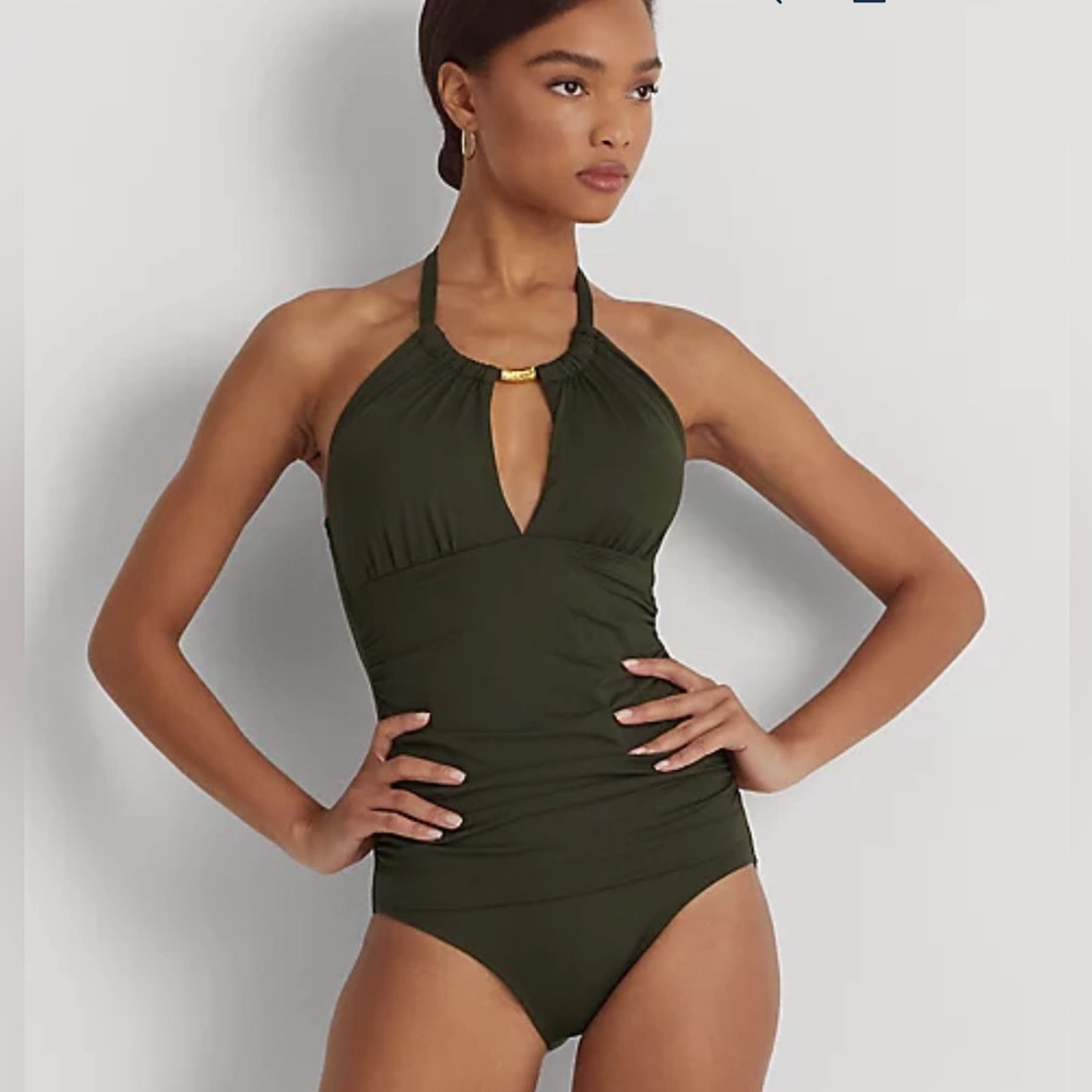 New Lauren Ralph Lauren Beach Club High Neck One Piece Olive Green